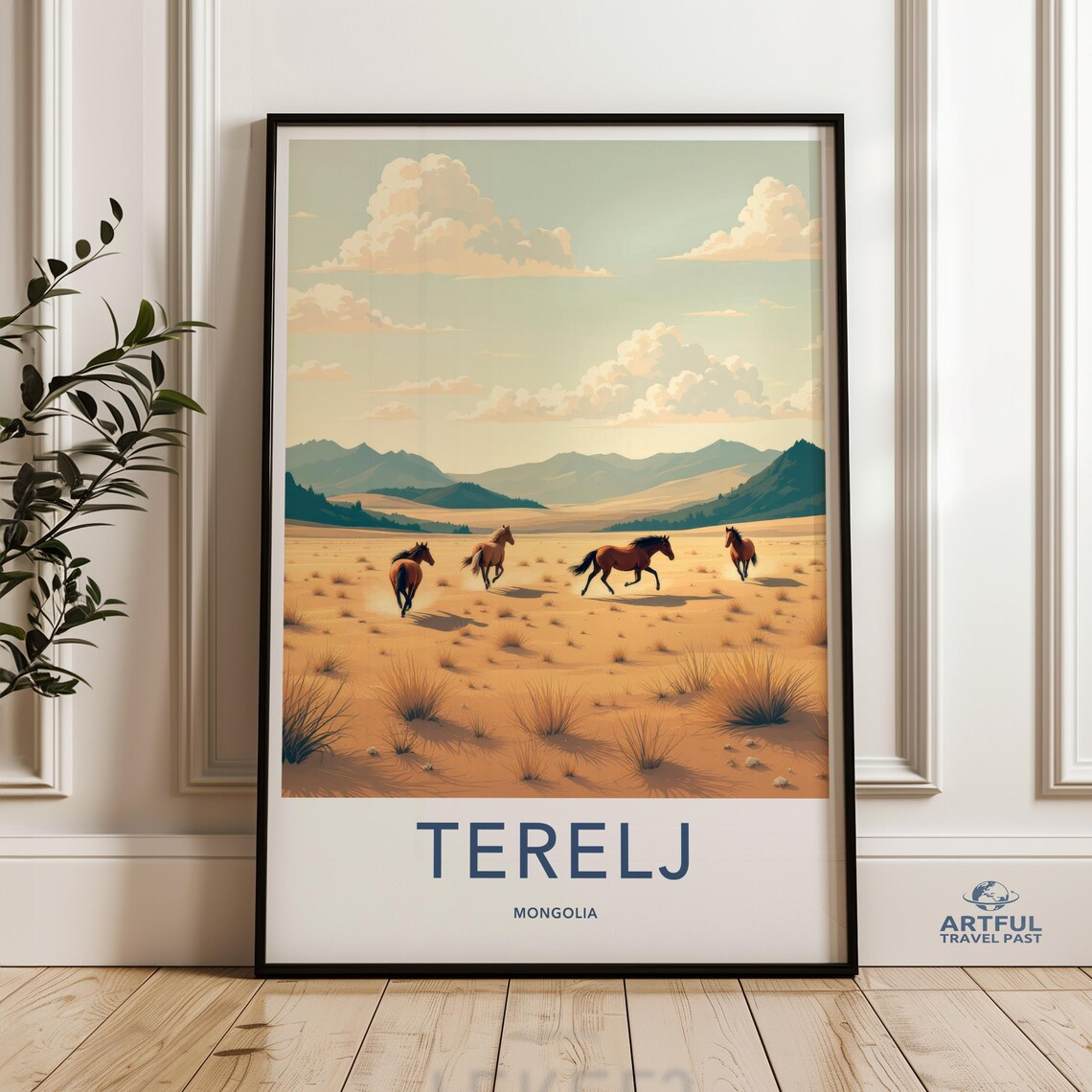 Terelj Mongolia Wild Horses Galloping Golden Steppe Travel Poster