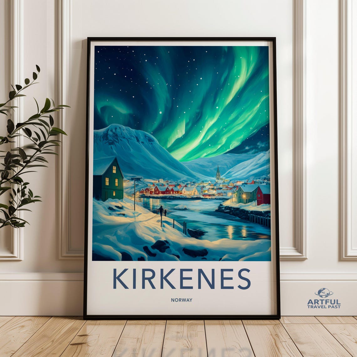 Kirkenes Norway Aurora Borealis Snowy Winter Night Travel Poster
