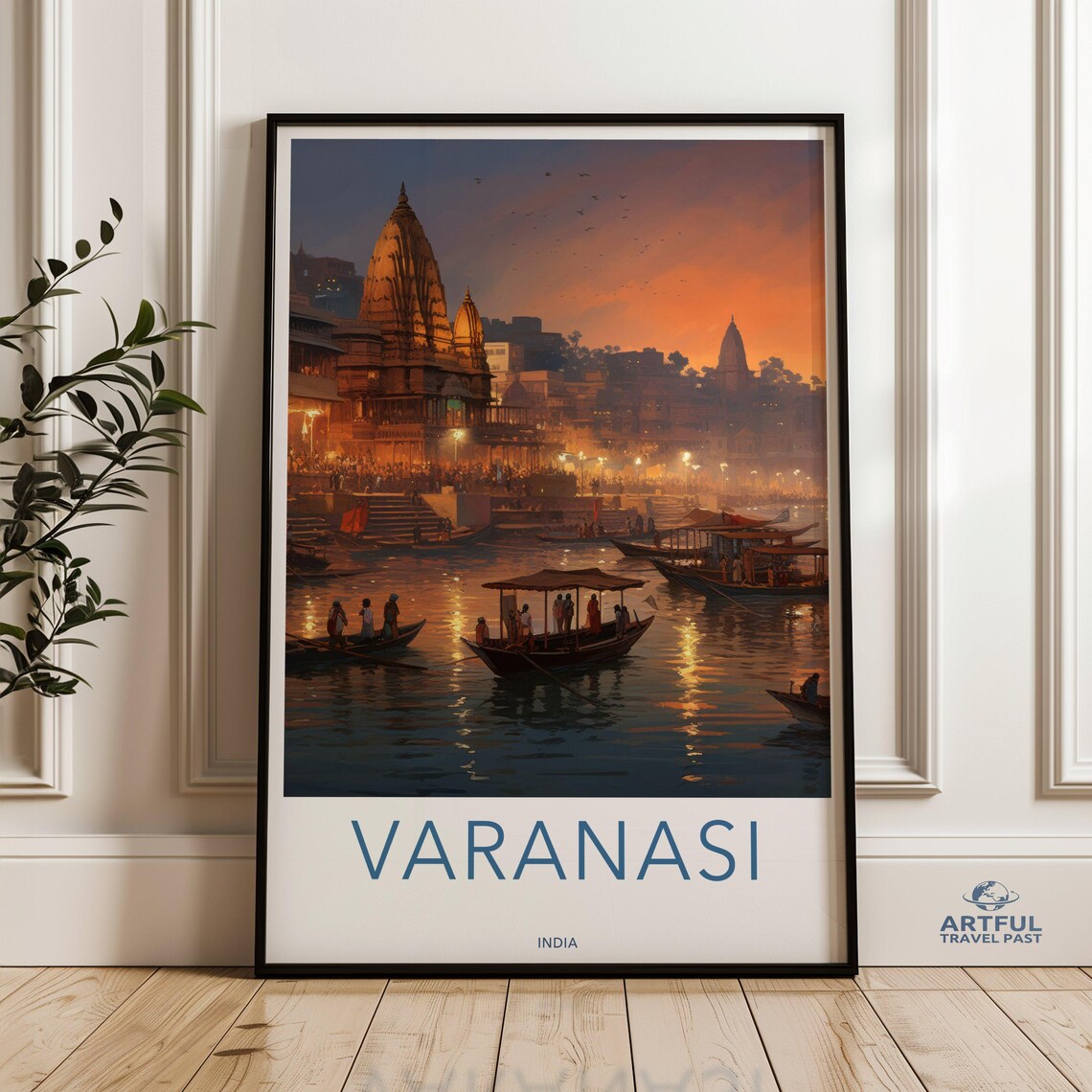 Varanasi India Ganges Sunset Temples Boats Vintage Travel Poster