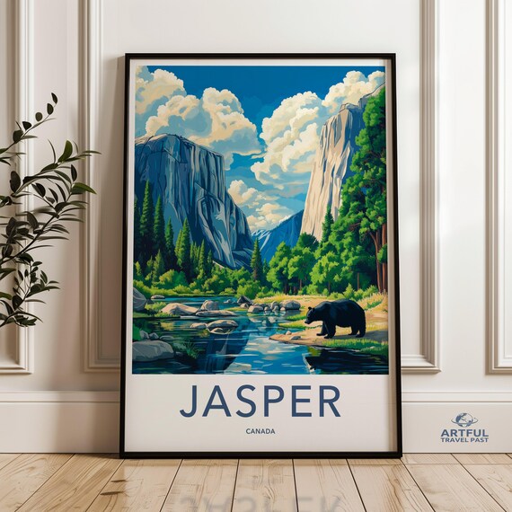 Jasper Canada Scenic Wall Art Bear And Mountain Landscape Poster Nature Artwork Print For Home Decor Wilderness Scenery
