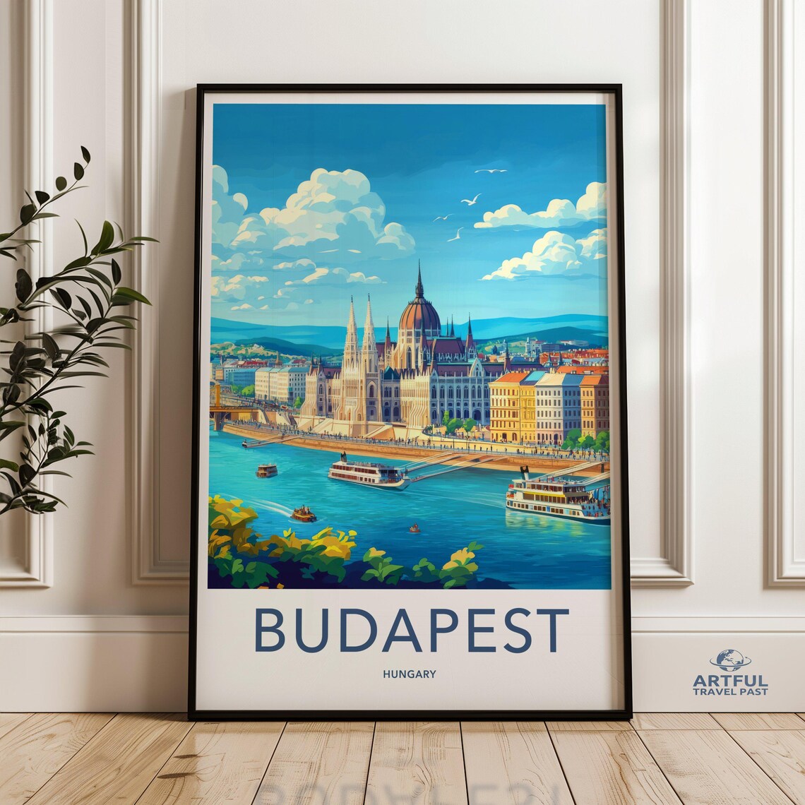 Budapest Hungary Danube Riverside Boats City Skyline Travel Poster