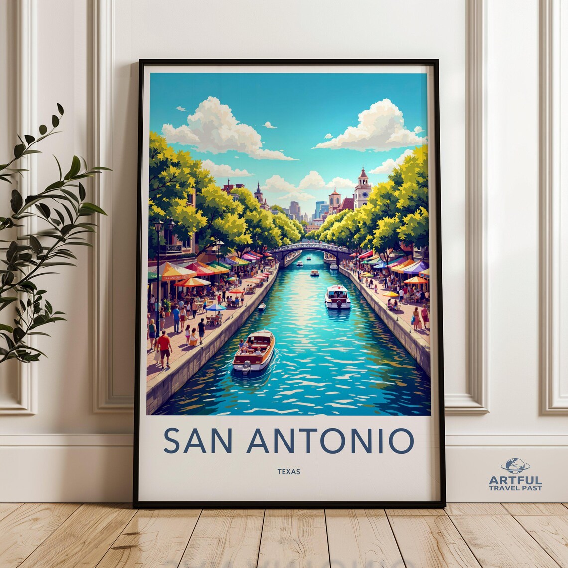 San Antonio Texas River Walk Colorful Boats Lively Travel Poster