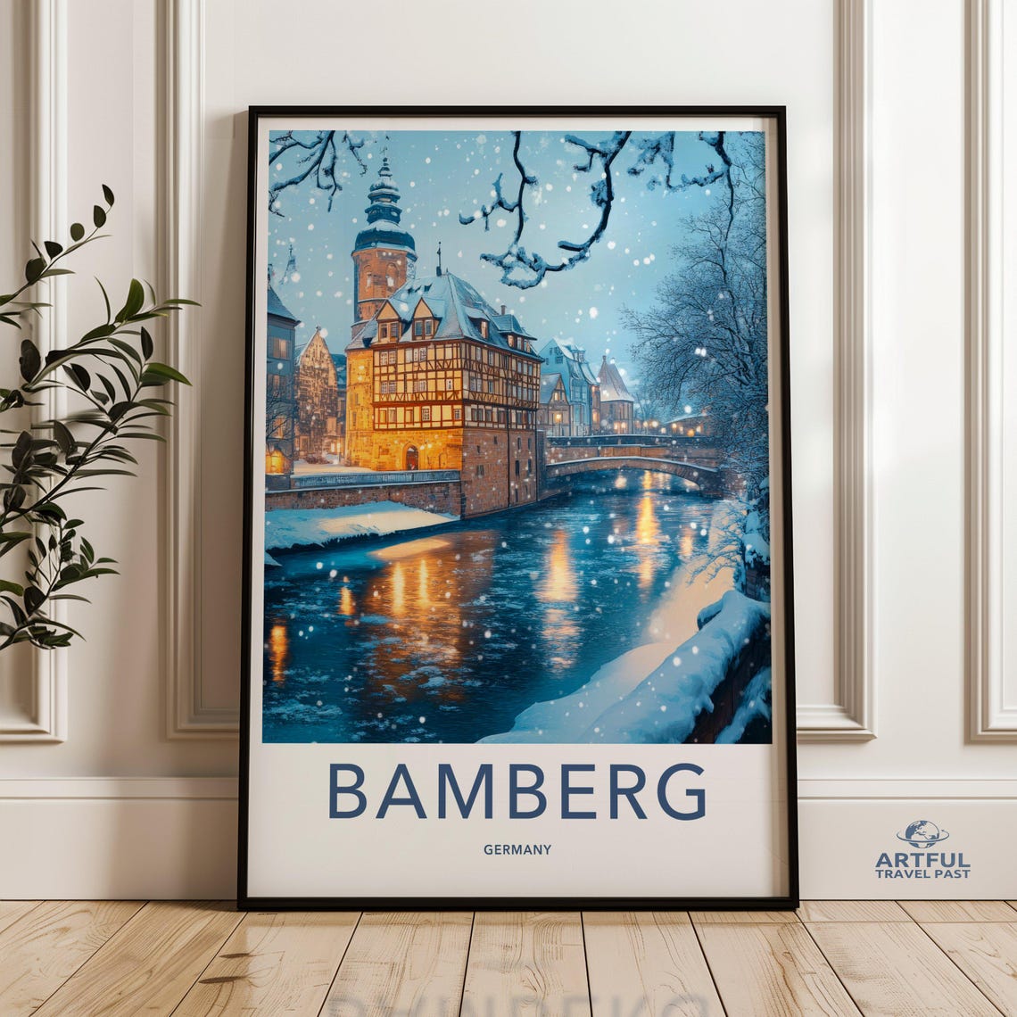 Bamberg Germany Winter Snowfall Half Timbered Old Town Travel Poster