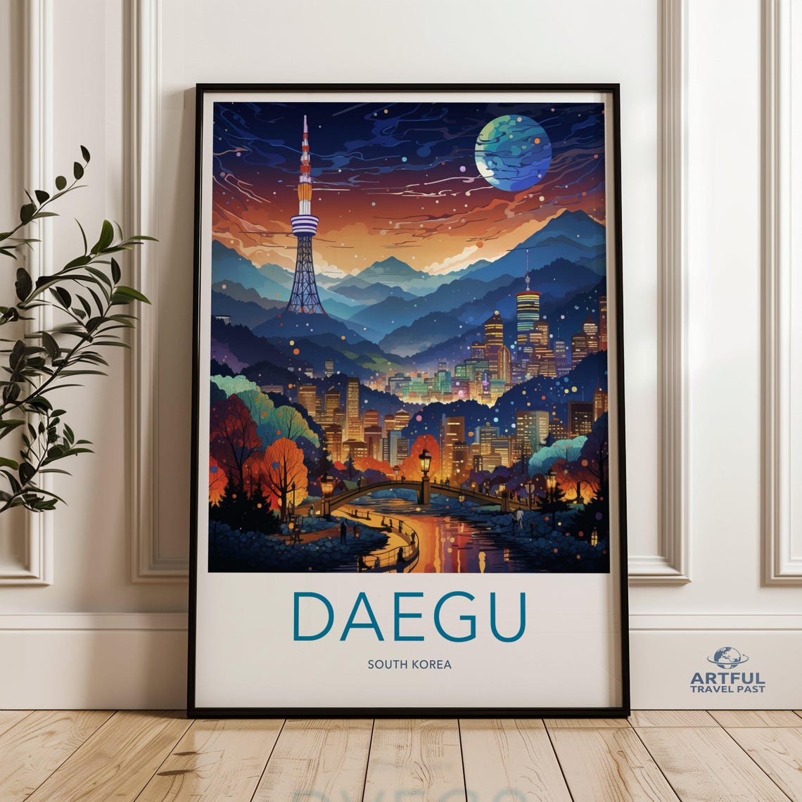 Daegu South Korea Night Cityscape Tower Lights Vintage Travel Poster