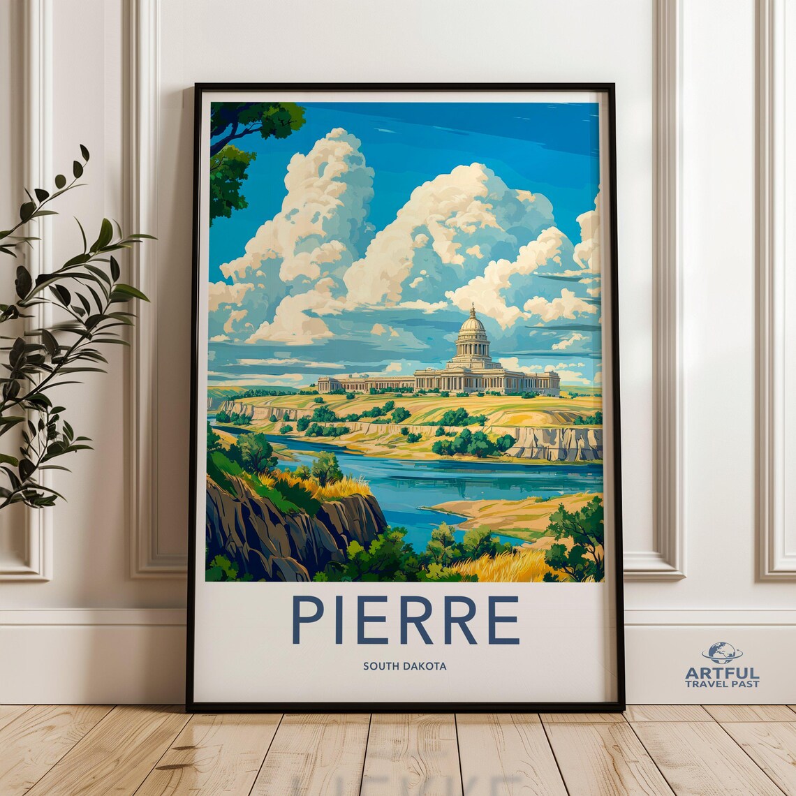 Pierre South Dakota State Capitol River Vintage Travel Poster