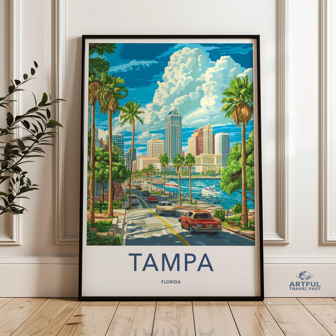 Tampa Florida Wall Art Cityscape Print Skyline Poster Travel Artwork Palm Trees Downtown Decor