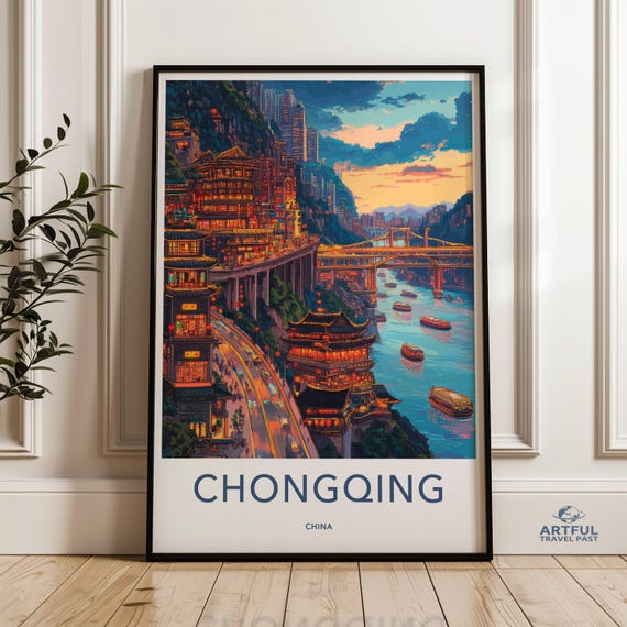 Chongqing China Wall Art Cityscape Print Asian Architecture Travel Poster Vibrant City Riverscape Decor Oriental
