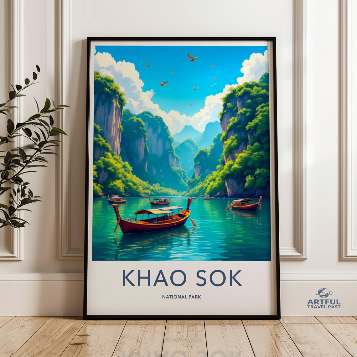 Khao Sok National Park Thailand Travel Poster With Boats Art