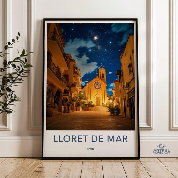 Lloret De Mar Wall Art Print Scenic Night Sky Church Poster Spain Travel Decor Starry Artwork European Cityscape