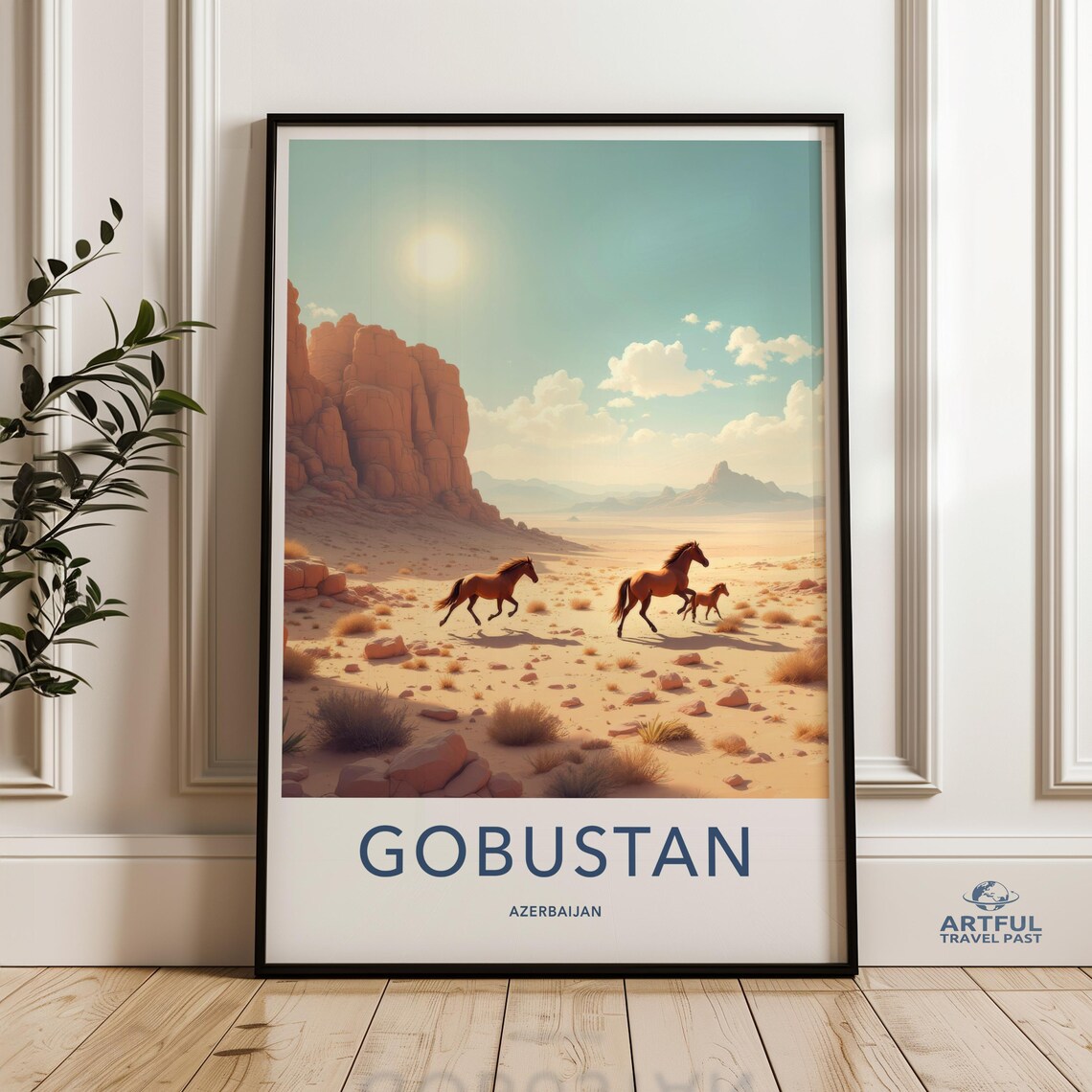 Gobustan Azerbaijan Wild Horses Desert Canyon Vintage Travel Poster