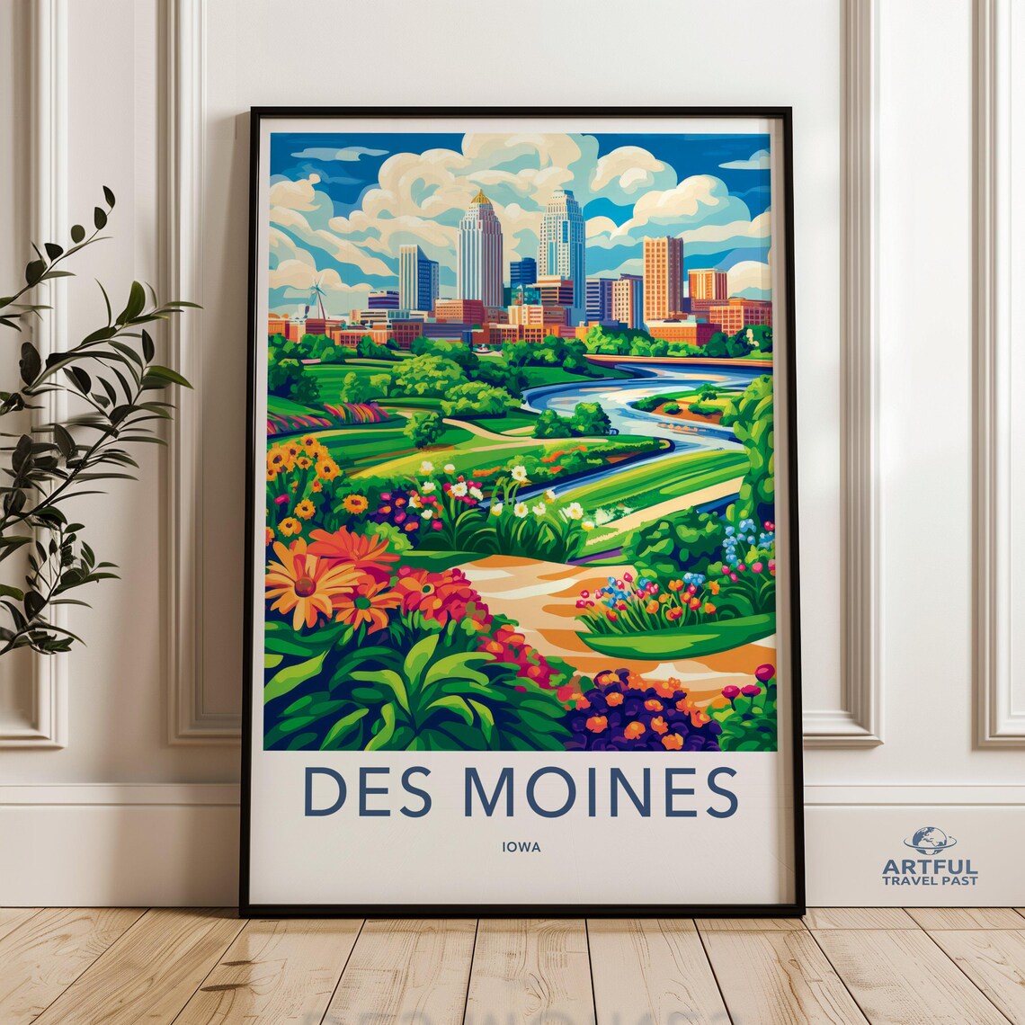 Des Moines Iowa Winding River Garden Colorful Flowers Travel Poster