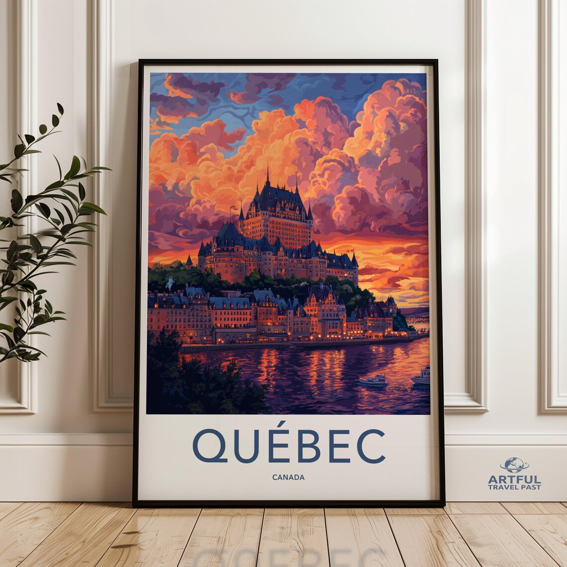 Québec Canada Chateau Frontenac Sunset River Vintage Travel Poster
