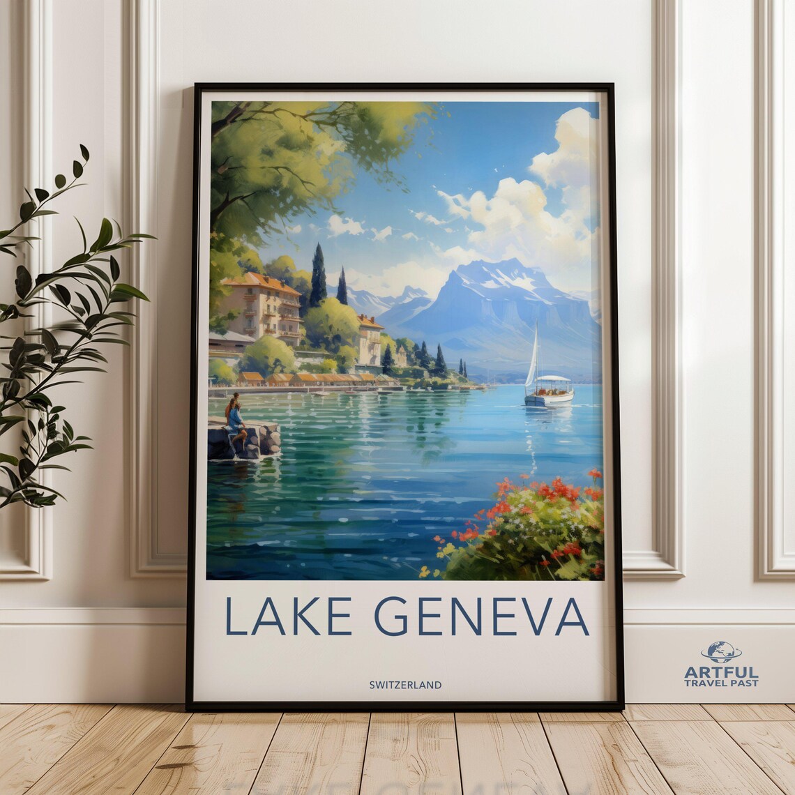 Lake Geneva Switzerland Travel Poster Lakeside Sailboat Mountain View