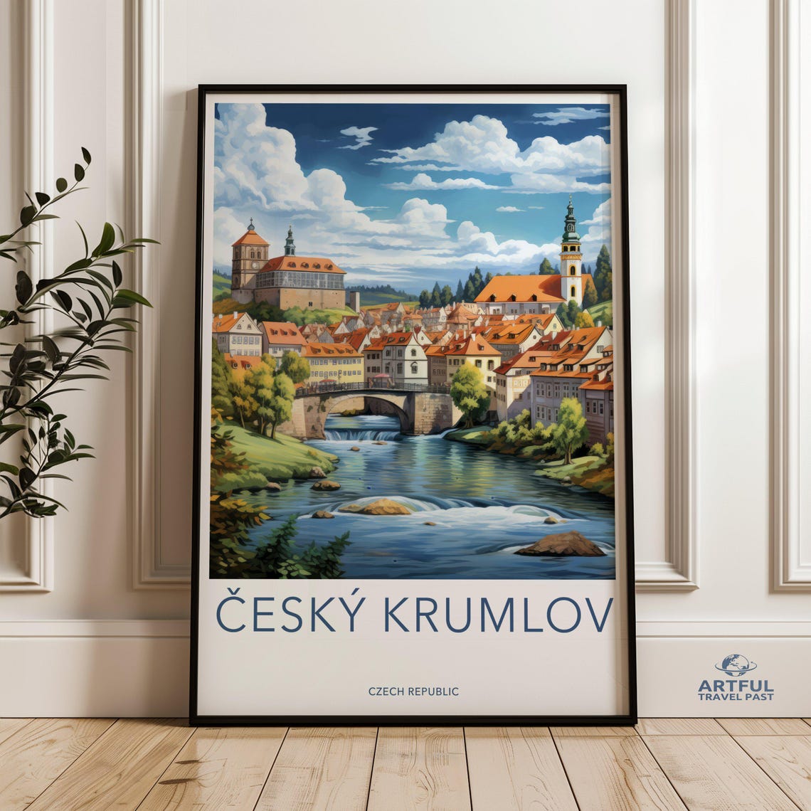 Cesky Krumlov Old Town Bridge Over River Rapids Czech Travel Poster