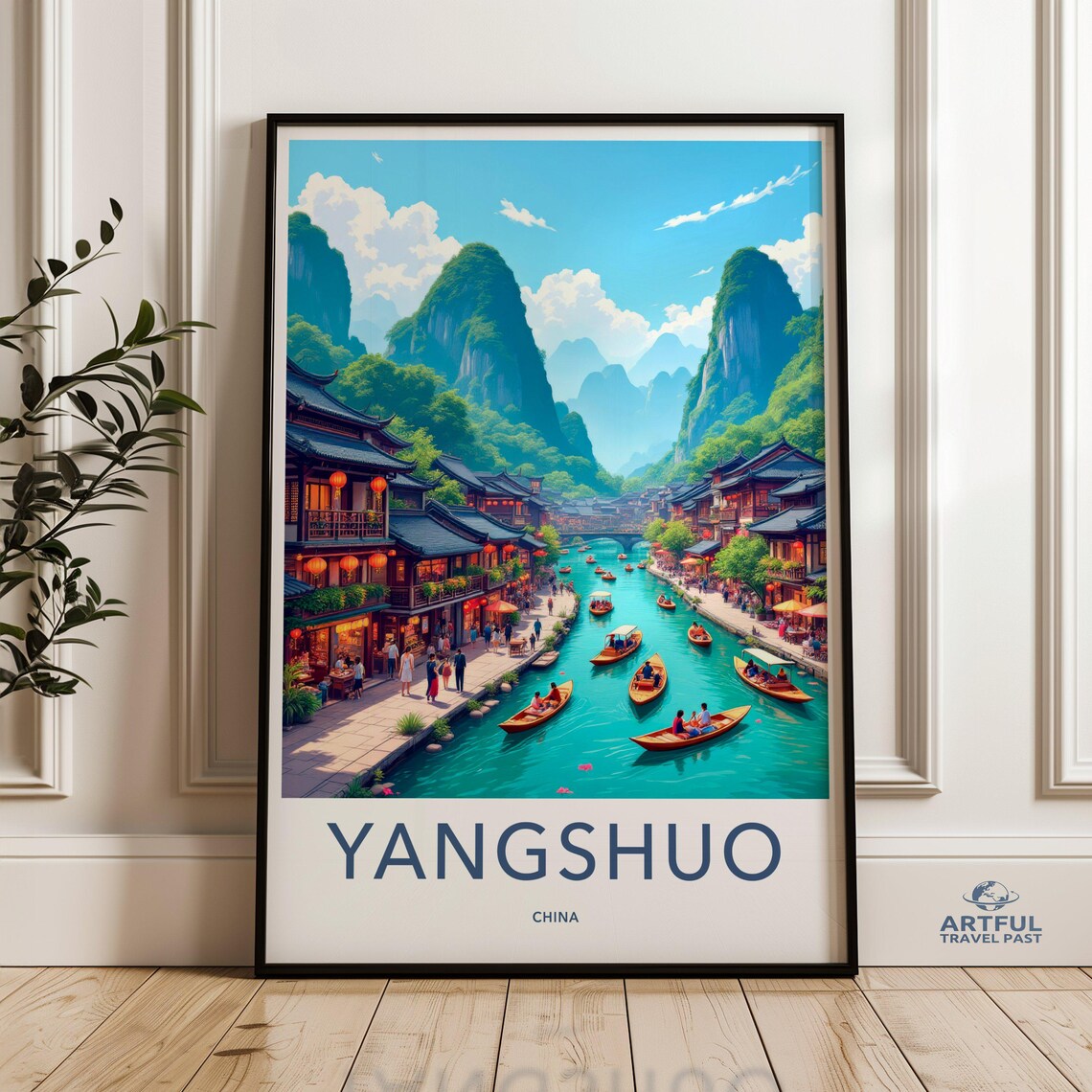 Yangshuo China Karst Mountains River Town Vintage Travel Poster