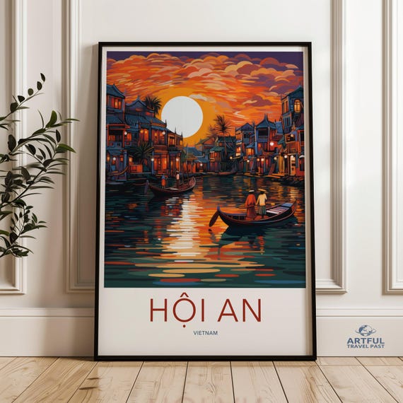 Hoi An Vietnam Wall Art Vietnamese Cityscape Poster Sunset River View With Boats Traditional Houses Travel Decor