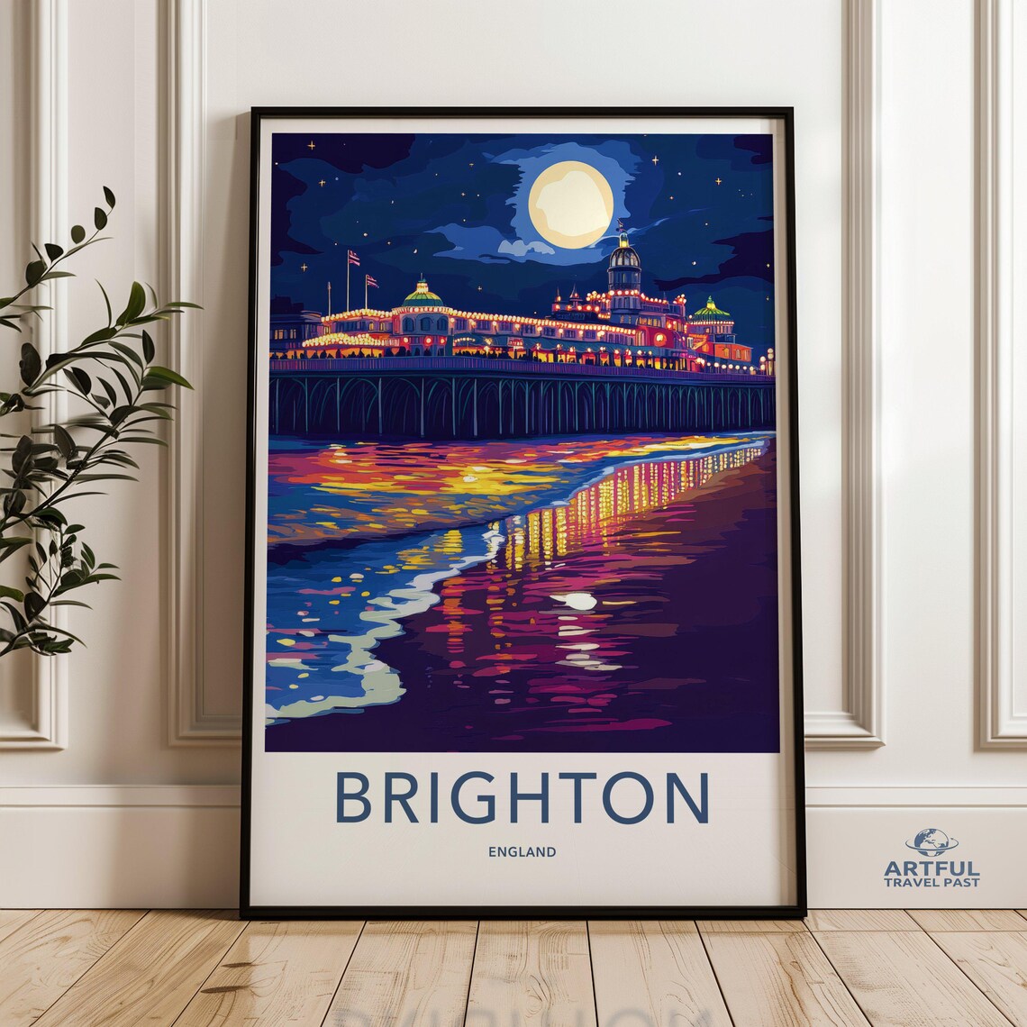 England Pier Under Moonlight Seaside Nightscape Art Print