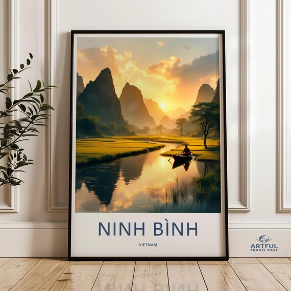 Ninh Binh Vietnam Karst Mountains River Boat Sunset Travel Poster