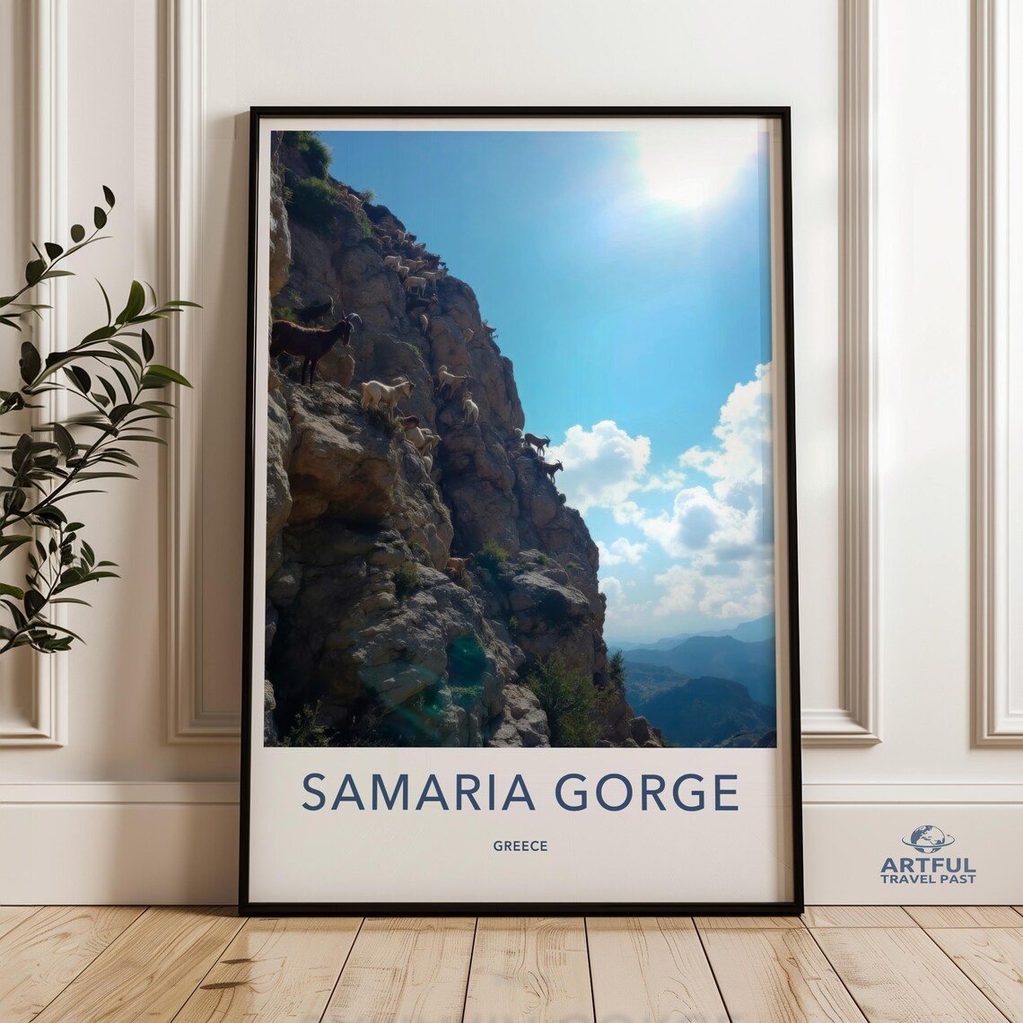 Samaria Gorge Greece Poster Wild Goats Climbing Rocky Cliff Sunshine