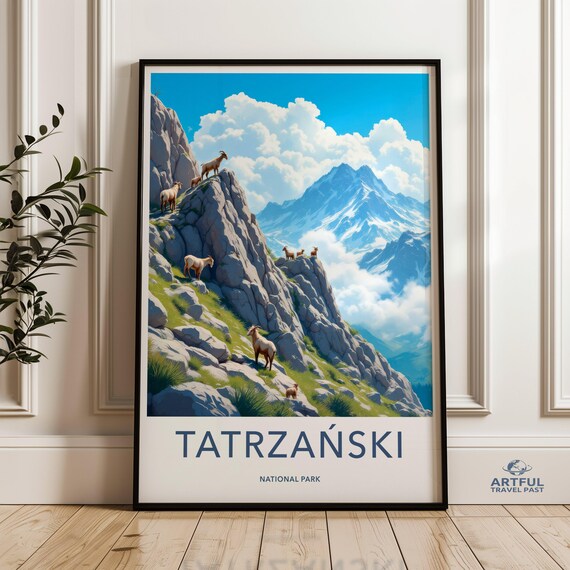 Tatrzanski National Park Wildlife Poster with Chamois on Mountain Cliffs