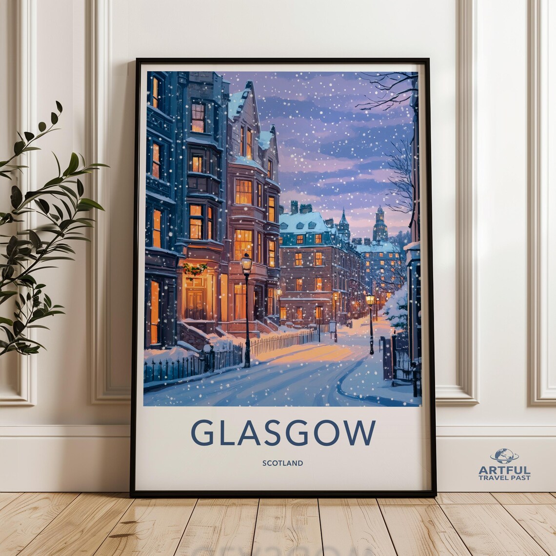 Glasgow Scotland Snowy Winter Street Scene Vintage Travel Poster