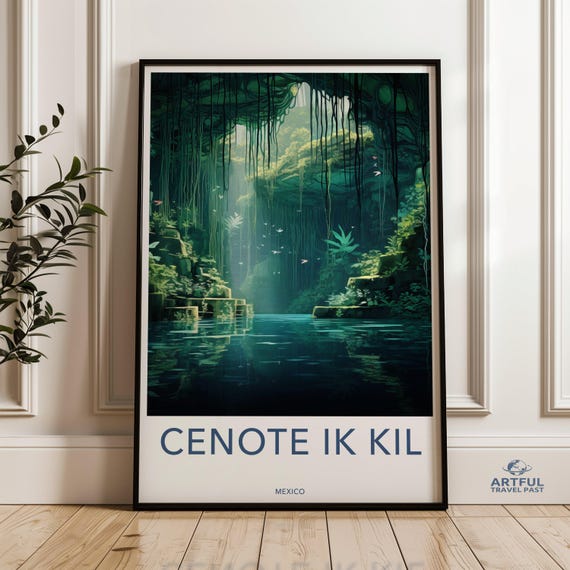 Cenote Ik Kil Framed Poster Mexican Natural Wonder Art Print Scenic Nature Wall Decor Beautiful Water Cave Illustration Travel Home