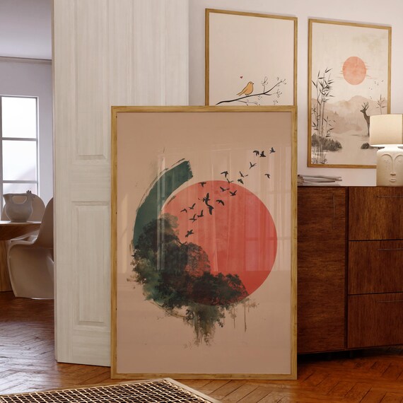 Minimalist Japandi Art Print Red Circle Sun With Flying Birds And Trees Japanese Wall Decor Zen
