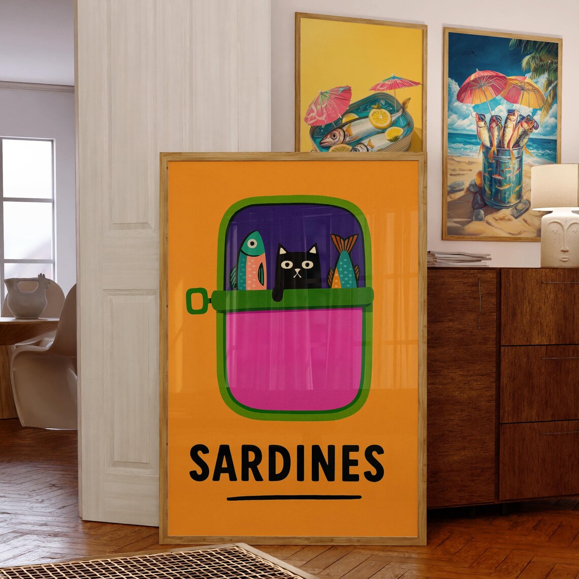 Funny Black Cat In Orange Sardine Tin With Colorful Fish Pop Art Poster