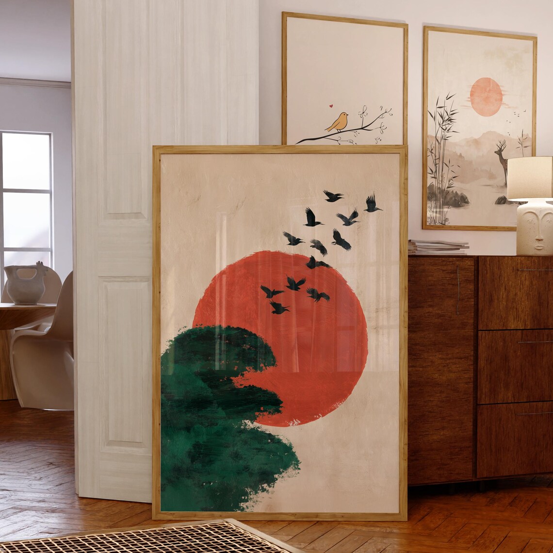 Japanese Minimalist Flying Birds Over Red Sun Art Print