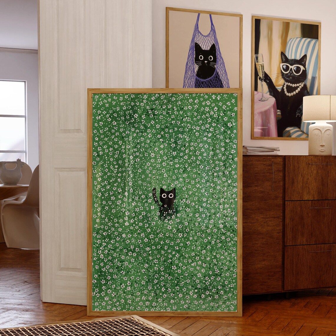 Cat In Meadow Art Print, Green Floral Minimalist