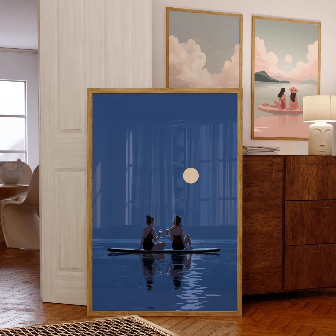 Moonlight Paddle Board Friends under Full Moon Blue Night Wall Poster