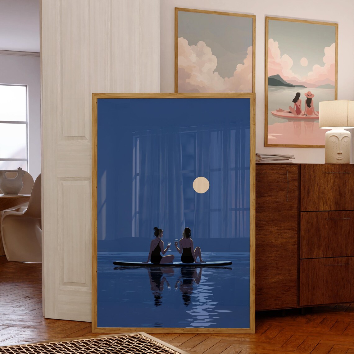 Moonlight Paddle Board Wall Art Friendship Ocean Night Print Romantic Full Moon Poster Beach Printblue Coastal