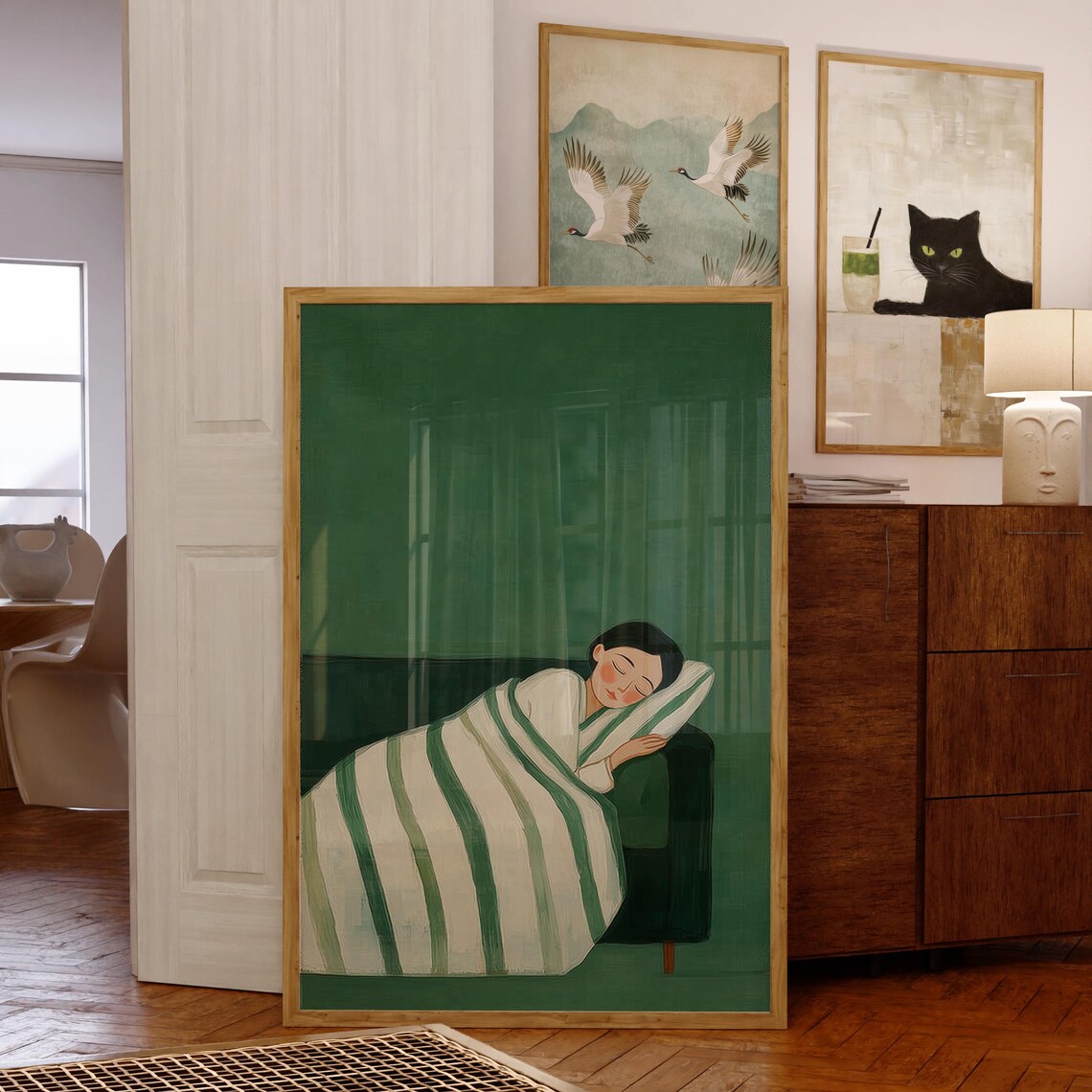 Sleeping Woman Green Striped Blanket Cozy Modern Wall Poster