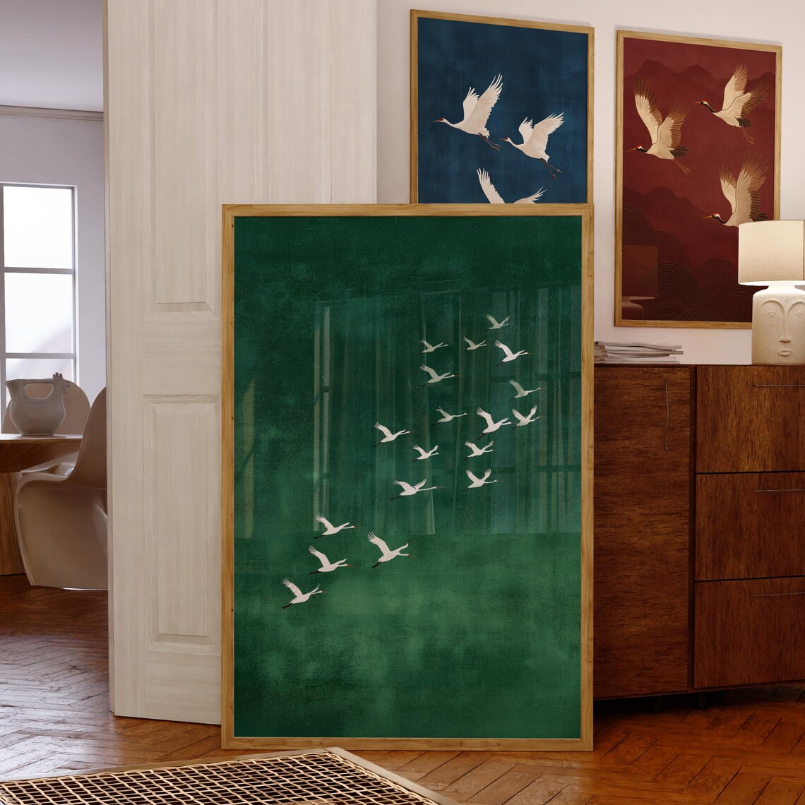Minimalist White Crane Art Print, Japandi Bird