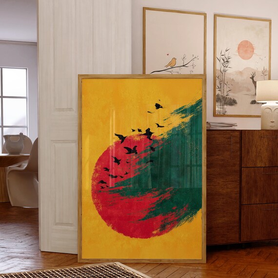 Japanese Minimalist Wall Art Flying Birds Red Circle And Green Brush Stroke Japandi Style Print Warm Color