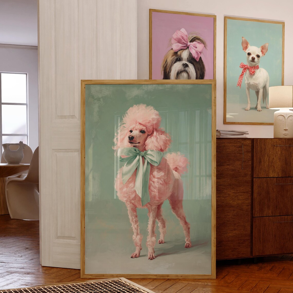 Retro Poodle Art Print, Pastel Pink Glam Dog
