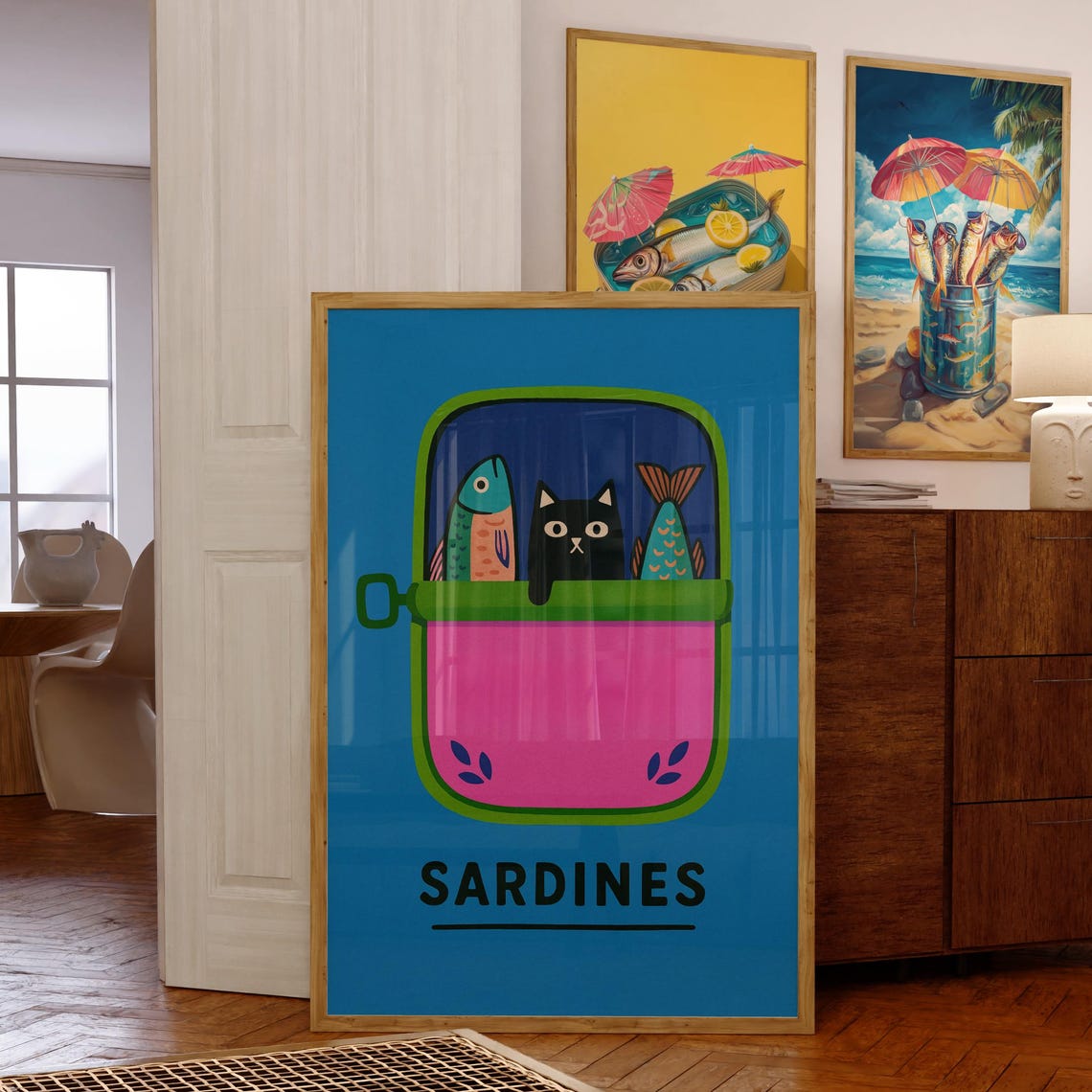 Funny Black Cat Wall Art In Sardine Tin With Colorful Fish Kitchen Retro Pop Print