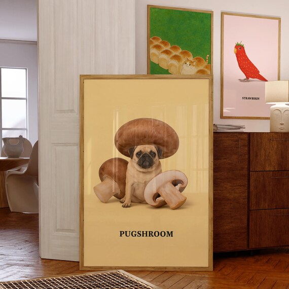 Funny Pug Wall Art Mushroom Hat Dog Print Whimsical Animal Poster For Bathroom Decor
