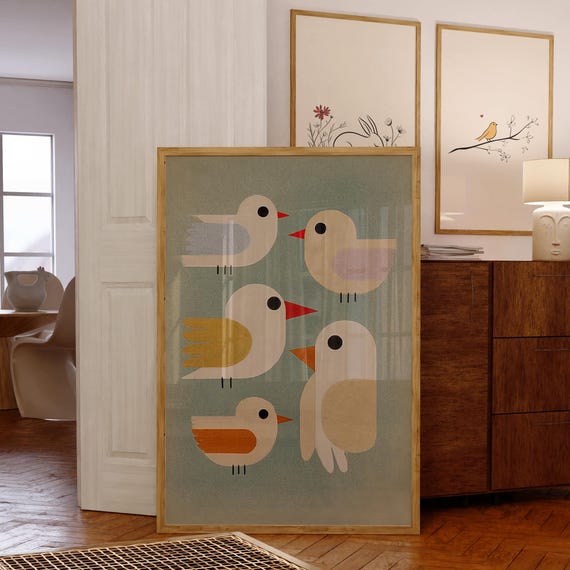 Colorful Minimal Bird Print Mid Century Modern Wall Art Retro Minimalist Birds On Blue Scandinavian Nursery Decor