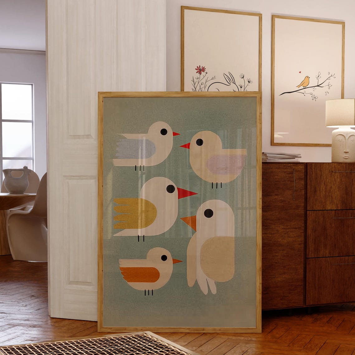 Colorful Minimal Bird Print Mid Century Modern Wall Art Retro Minimalist Birds On Blue Scandinavian Nursery Decor