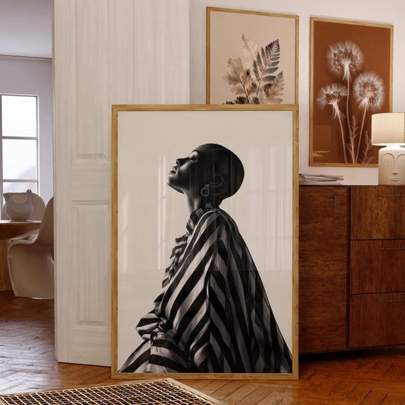 Black And White Fashion Wall Art Modern Woman Portrait Print Minimalist Bold Striped Outfit Poster Abstract