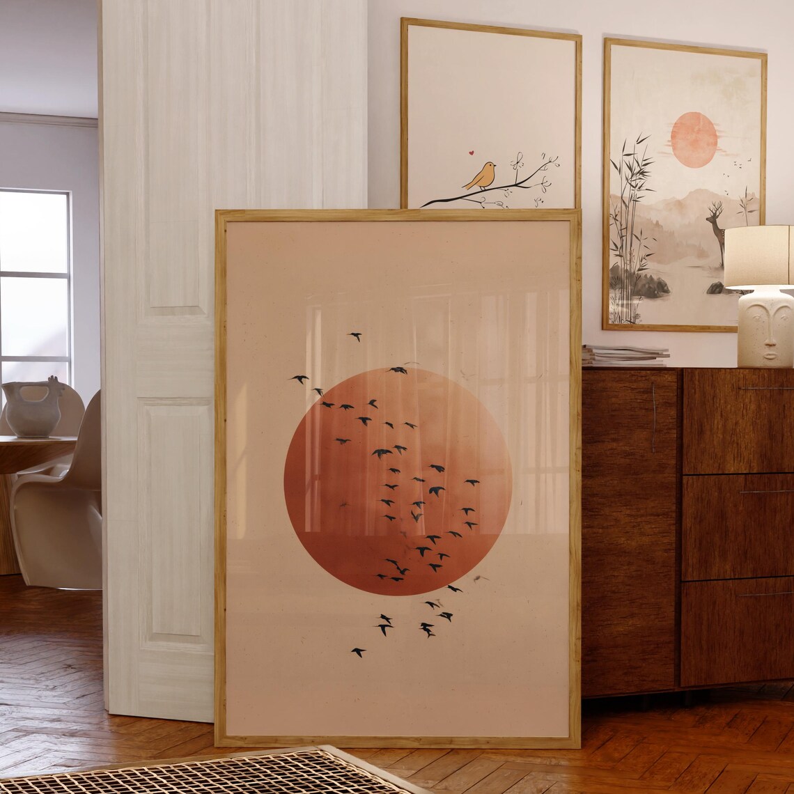 Japandi Minimalist Beige Sun And Birds Art Print