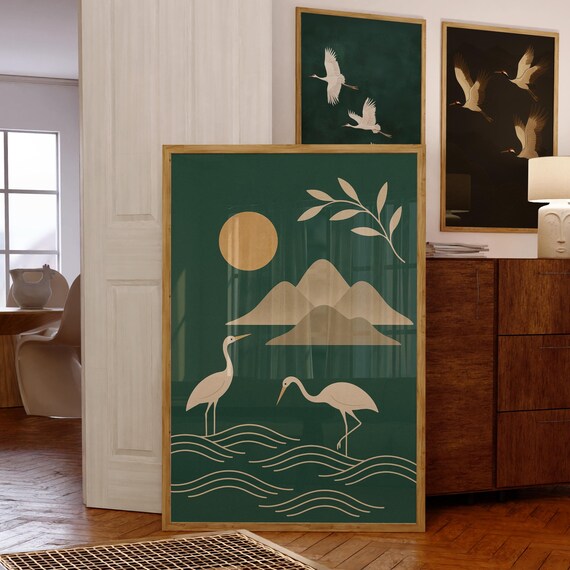 Abstract Bird Wall Art Emareld Green Japandi Modern Asian Poster Minimalist Crane Zen And Waves Print