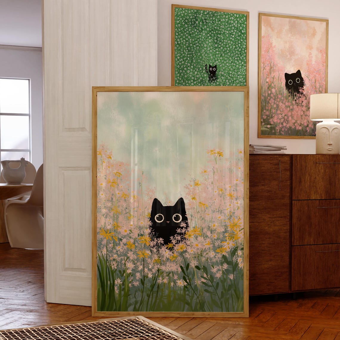 Black Cat Wall Art Whimsical In Floral Field Kawaii Print Cute Animal
