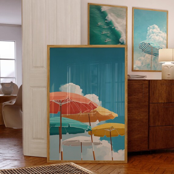 Colorful Retro Beach Umbrellas Coastal Teal Sky Summer Wall Poster