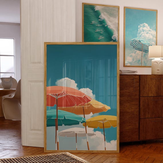 Retro Beach Umbrella Print Colorful Coastal Wall Art
