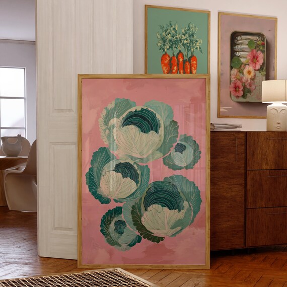 Green Cabbage Botanical Art on Pink Vintage Kitchen Wall Poster