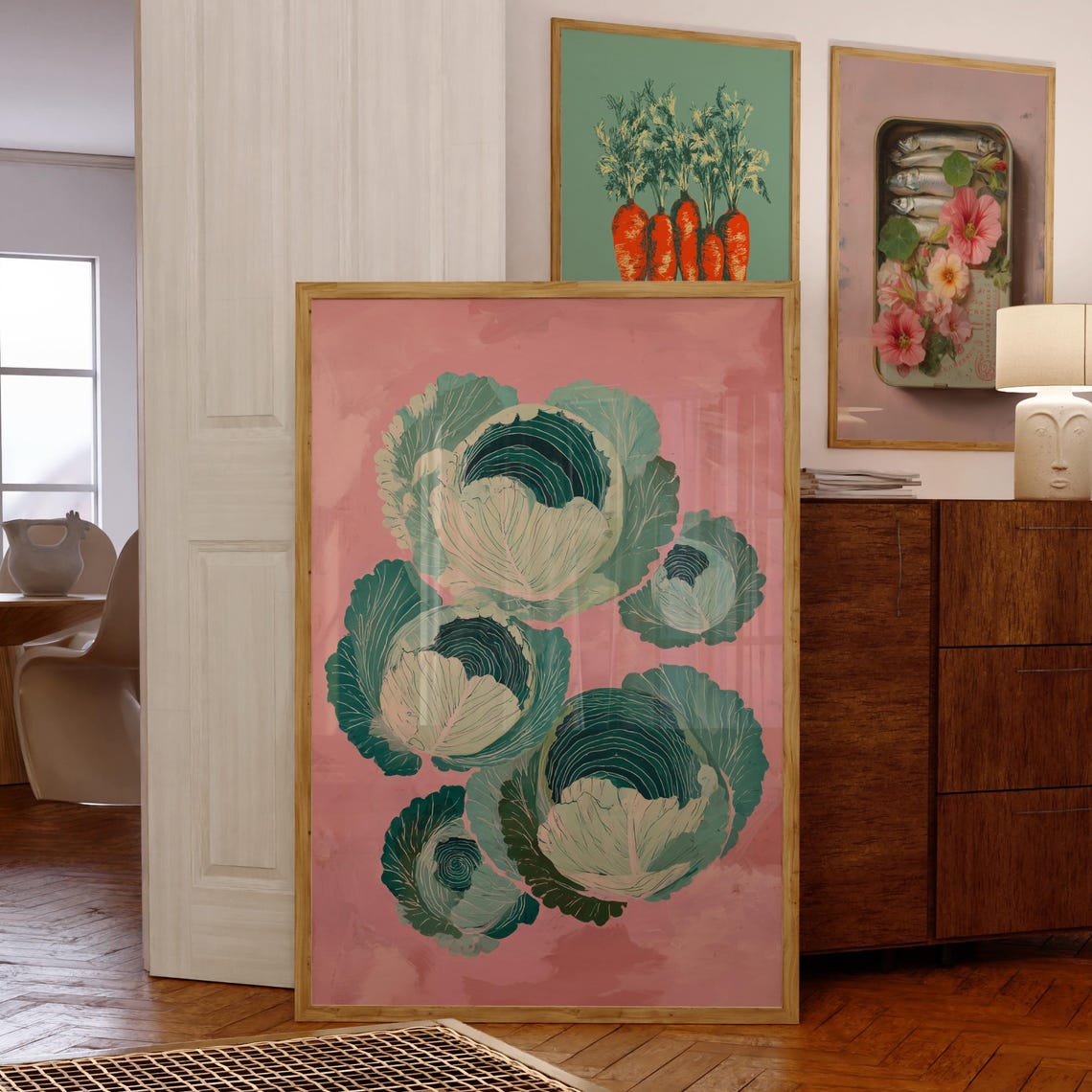 Green Cabbage Wall Art Vegetable Print Rustic Kitchen Decor Pink
