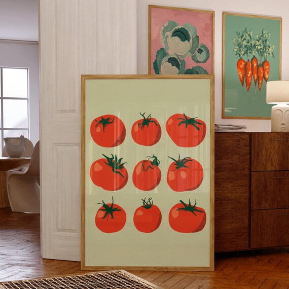 Tomato Grid Pale Green Retro Kitchen Vegetable Illustration Poster