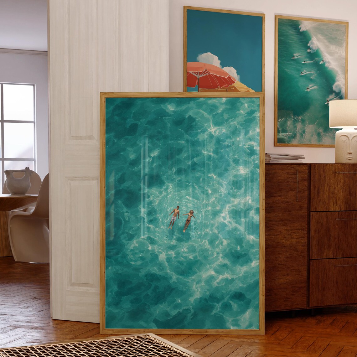 Aerial Turquoise Ocean Couple Swimming Together Blue Sea Wall Poster
